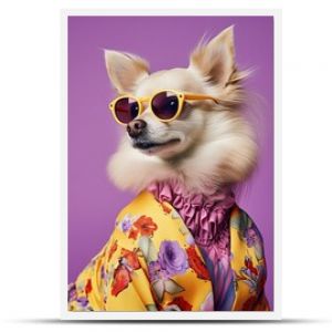 Ciekawy, antropomorficzny pies chihuahua w fioletowej koszuli i stylowych okularach przeciwsłonecznych z pewnością wpatruje się w swojego zwierzaka