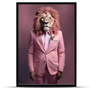Lew z ludzkim ciałem ubrany w pastelowy różowy garnitur
