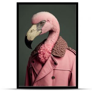 Różowy ilustrowany flaming ubrany i stojący jak mężczyzna w eleganckim, nowoczesnym ubraniu Abstrakcyjny portret zwierzęcia Półczłowiek, pół trop