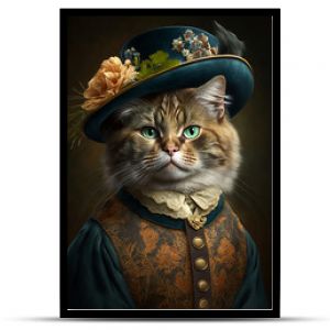 Kot ubrany w ubrania vintage w stylu wiktoriańskim Portret w stylu XIX-wiecznego śmiesznego uroczego kota w ludzkim ubraniu AI g