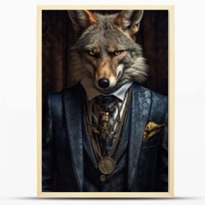 Wilk ubrany w elegancki garnitur z ładnym krawatem Modowy portret antropomorficznego zwierzęcego szakala kojota zastrzelonego w charyzmacie