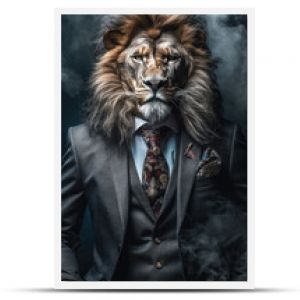 Lew ubrany w elegancki i nowoczesny garnitur z ładnym krawatem Modowy portret antropomorficznego zwierzęcia sfotografowanego w charyzmacie