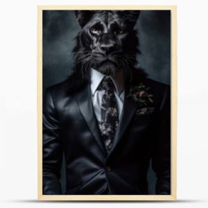 Czarna pantera ubrana w elegancki i nowoczesny garnitur z ładnym krawatem Modowy portret antropomorficznego zwierzęcia sfotografowany w ac