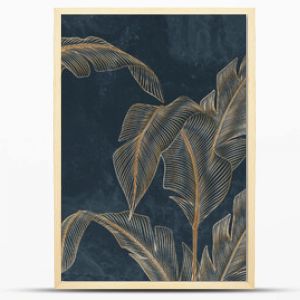 Abstract luxury art background with tropical palm leaves in blue and green colors with golden art line style. Botanical banner with exotic plants for wallpaper design, decor, print, textile