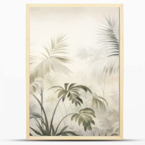  a painting of a tropical scene with palm trees in the foreground and a foggy sky in the background, with white and green foliage in the foreground.