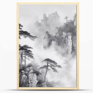 Black and white Chinese style ink style landscape painting, hand-painted national style artistic conception ink style landscape painting illustration