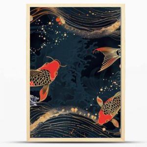 Modern illustration with Sakura flower, ocean wave, and koi carp fish in Oriental style. Japanese illustration with golden texture. Modern illustration with Sakura flower, ocean wave, and koi carp