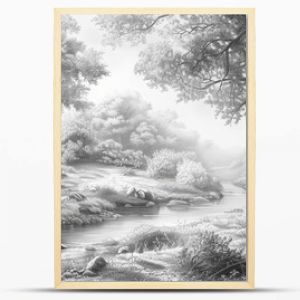 A beautiful pencil drawing of a forest with a stream running through it