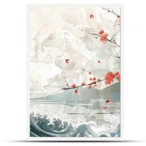 Decorative cherry blossom pattern with ocean sea decoration banner design in vintage style. Japanese background with watercolor painting texture.