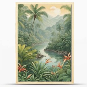 Vintage tropical botanical illustration of a lush jungle paradise