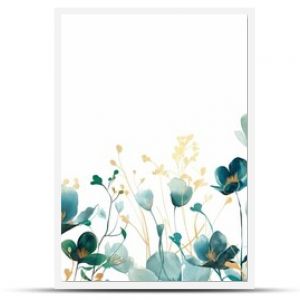 A beautiful watercolor illustration featuring abstract teal and gold flowers on a white background.