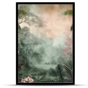 Vintage wallpaper of an exotic forest with toucans, blooming orchids and hidden streams in pastel tones. mural art style. 