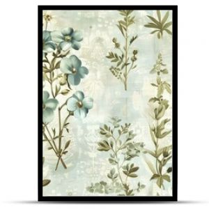 A background pattern of vintage botanical prints featuring wildflowers in muted tones of blue and green, arranged in an elegant, repeating design.