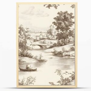 Vintage Landscape with Bridge  River  and Trees