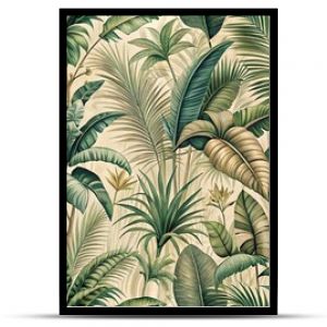 Vintage tropical jungle pattern for seamless wallpaper fabric texture tapestry background in green beige muted colors