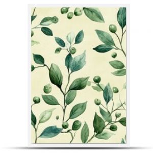 Seamless watercolor pattern featuring green winter leaves branches and mistletoe berries ideal for wedding invitations and seasonal promotions