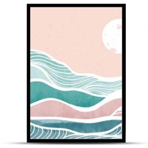 Creative minimalist modern paint and line art print. Abstract ocean wave and mountain contemporary aesthetic backgrounds landscapes. with sea, skyline, wave. vector illustrations