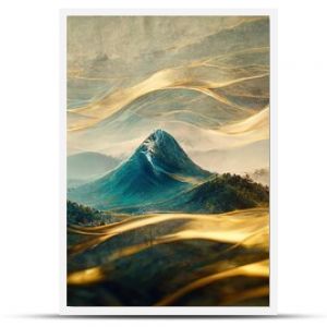 Minimalistic mountain landscape with watercolor brush in Japanese traditional style. Wallpaper with abstract art for prints or covers. 3d artwork