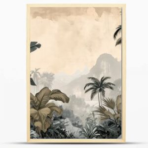 Old retro wallpaper of a lush jungle landscape.