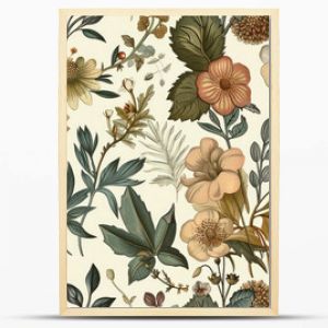 Seamless pattern background featuring a collection of vintage botanical illustrations with flowers and leaves in muted colors - Generative AI