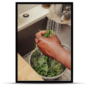 Herbs being washed in a sink