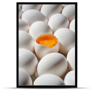 Row of white eggs and single broken egg with a yolk. White Eggs and Yellow Egg Yolk.Shallow depth of field