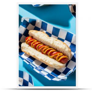 High angle close-up of hot dogs in containers arranged on blue background