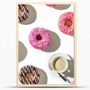 A cup of coffee and a variety of donuts on a white background. Flat lay composition with coffee and donuts.