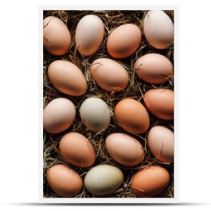 Chicken eggs from an organic farm, top view. Easter background 