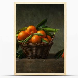 Still life with tangerines in a basket on the table