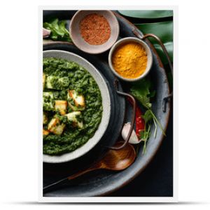 Palak Paneer indian traditional food with cheese and spinach on black background, view from above