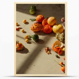 Still life of tropical fruits included citruses, avocados and dragonfruit in window light