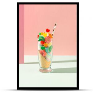 Minimal concept glass full of gummy candies, marshmallows, ground biscuits and straw. Party idea candy shake on pink and pastel green background.