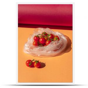 The cherry tomatoes in a transparent plastic bag. Red small tomatoes in a package