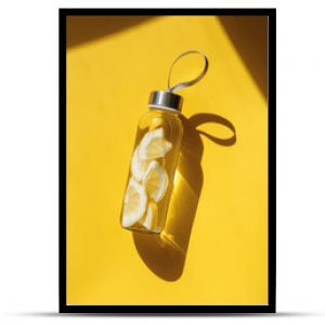 Glass bottle with lemon water drink detox at sunlight on yellow background. Healthy infused water boost metabolism and weight loss. Top view Aesthetic still life, refreshing summer drink