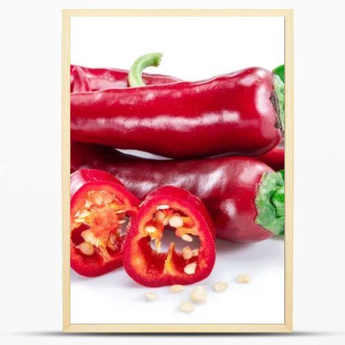 Fresh red chilli pepper and cross sections of chilli pepper with seeds isolated on white background.