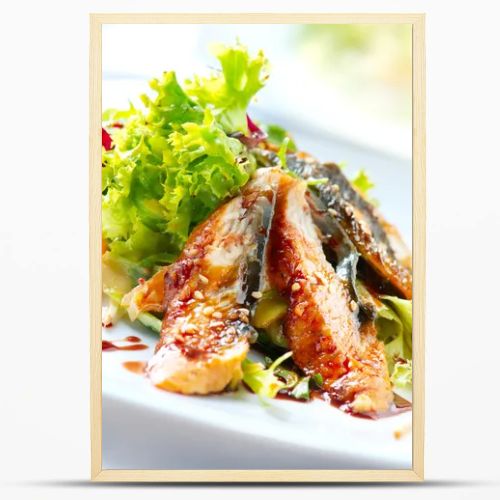 Salad With Smoked Eel with Unagi Sauce. Japanese Food