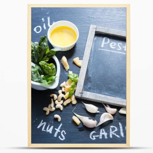 Pesto ingredients and blackboard