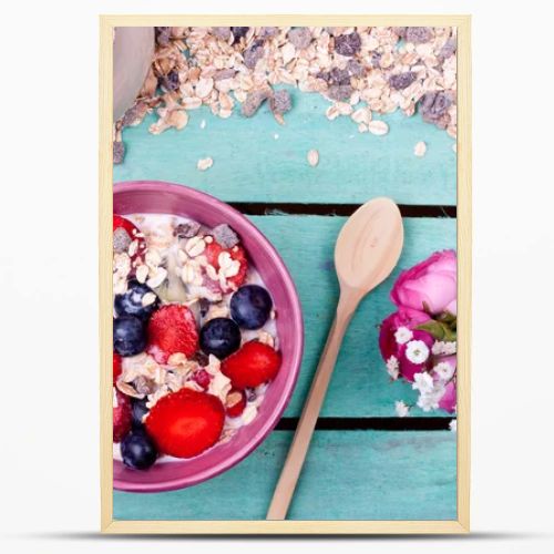 Muesli in bowl on table