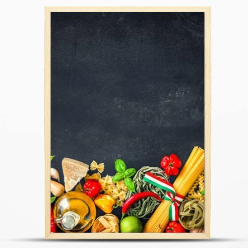 Italian food ingredients on slate background