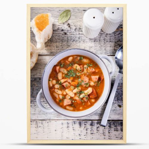 Baked beans in tomato sauce with chopped sausage