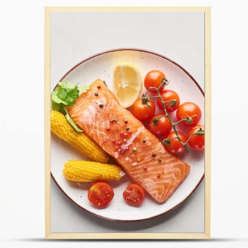 top view of raw salmon steak served with corn and tomatoes on plate near cutlery on marble table