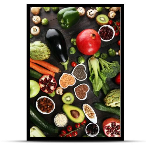 Healthy food clean eating selection. fruit, vegetable, seeds, superfood, cereals, leaf vegetable. veggie or vegan food