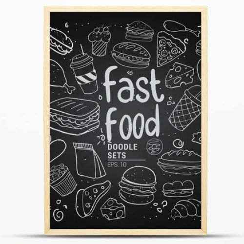 Hand drawn sketch of fast food with lettering. Doodle set, vector illustration.