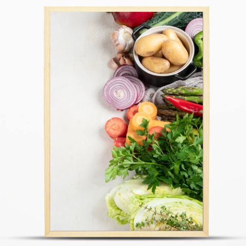 Healthy food clean eating selection: fruit, vegetable, seeds, superfood, cereal, leaf vegetable on a white background. Top view.