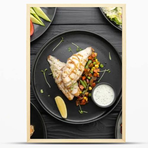 Top view of various grilled dishes served on a dark table in a restaurant. Fish fillet with vegetables. Flat lay