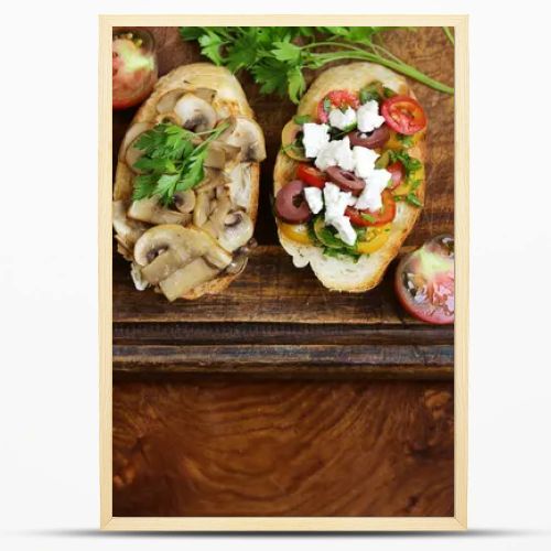 assorted bruschetta with tomatoes, mushrooms and cheese