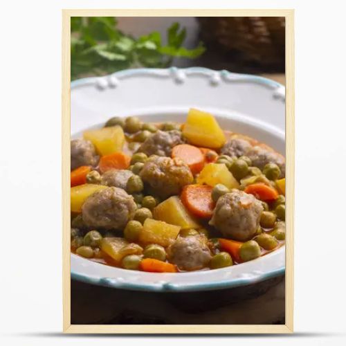 Turkish Food Green Pea Stew with Meatballs - Kofte or Kofta Bezelye. (Turkish name  kofteli bezelye)