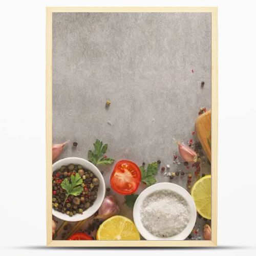 Italian food background on stone table. Macaroni, basil and vegetables.