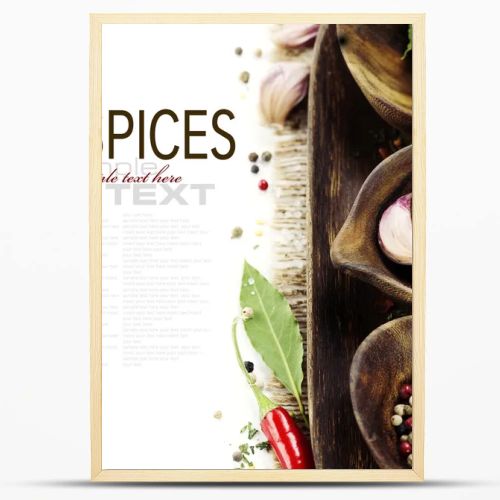 Wooden bowls with fresh herbs and spices